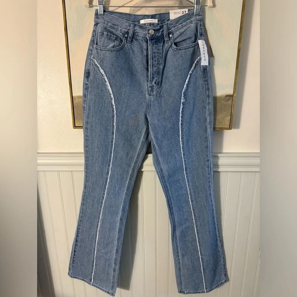 PACSUN Eco Medium Blue Frayed High Waisted Bootcut Jeans NWT Size 27 - Picture 4 of 11